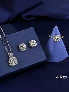 4 st glittrande kubiska vattenstrassmycken i set! Halsband, hängen, ringar och örhängen, fint slipade för att lysa starkt, moderiktiga och mångsidiga, vilket gör dem till ett utmärkt val för att enkelt hantera olika tillfällen och förstärka charmen! - Silver - Visa 3