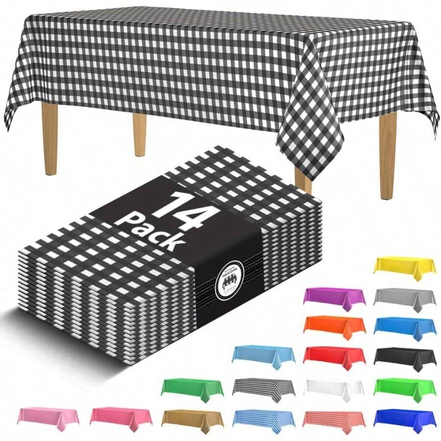Paquete de 14 manteles de picnic a cuadros de plástico negro 54 x 108 pulgadas Fundas de mesa desechables rectangulares Manteles desechables para fiestas cumpleaños bodas mantel Interior y - Negroacuadros - Ver 1