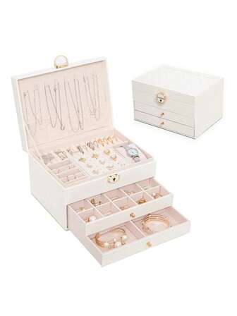 1 Pc Jewelry Boxes For Women With Lock-3 Layer Large Leather Jewelry Organizer Box -Jewelry Box For Rings Earrings Necklaces Watch And More(White)