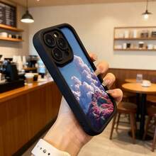 Cubierta de teléfono con borde negro diseño de montaña con nubes y flores rosadas para uso diario en cafeterías y espacios interiores,Aplicable a los teléfonos de la serie Apple y Galaxy - Burdeos - Ver 6