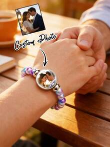 Customized Photo Beaded Bracelet, Customized Colorful Gemstone Glass Beaded Bracelet, Personalized Photo Pendant Elastic Bracelet, Cute And Personalized, Can Inlay Couple Or Family Photos, Gift For Women, Men, Couples Or Friends, Perfect For Gifting And Daily Fashion Wear. Perfect Gift For Birthday, Valentine's Day And Anniversary. - Multicolor - View 1