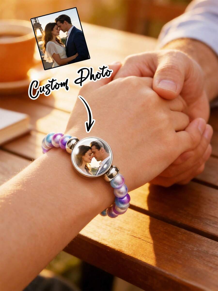 Customized Photo Beaded Bracelet, Customized Colorful Gemstone Glass Beaded Bracelet, Personalized Photo Pendant Elastic Bracelet, Cute And Personalized, Can Inlay Couple Or Family Photos, Gift For Women, Men, Couples Or Friends, Perfect For Gifting And Daily Fashion Wear. Perfect Gift For Birthday, Valentine's Day And Anniversary. - Multicolor - View 1