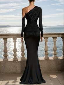 Elegant Women's Black Asymmetric Neckline Ruched Long Cocktail Dress, Long Sleeve Fishtail Hem, Suitable For Party Wear Wedding Spring - Black - View 2