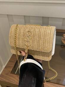 Bolso pequeño cuadrado con trenzado de hierba estilo moda con cadena abatible, adecuado para compras, billetera, compras, mujeres jóvenes, estudiantes universitarios, recién llegados, trabajadores de cuello blanco. Son muy adecuados para oficinas, universidades, trabajo, negocios, viajes al trabajo, actividades al aire libre, viajes y salidas - Caqui - Ver 6