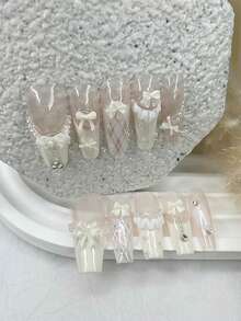 10 Pieces Cute 3D Pearl Bow French Handmade Press On Nails Sweet Plaid Skirt Ballet Long Nail Art Beaded Glitter White Fake Nails Nail Supplies(1 Sheets Jelly Stickers+1PC Nail File) - White - View 2