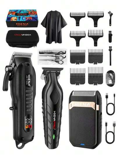 HIENA Conjunto de cortadora de pelo y afeitadora eléctrica profesional 3 en 1 para hombres, recargable por USB, cortadora de pelo inalámbrica con pantalla LED, batería de litio, mini Body, múltiples accesorios, adecuado para barberos principiantes y uso doméstico, empaquetado en elegante caja de regalo
