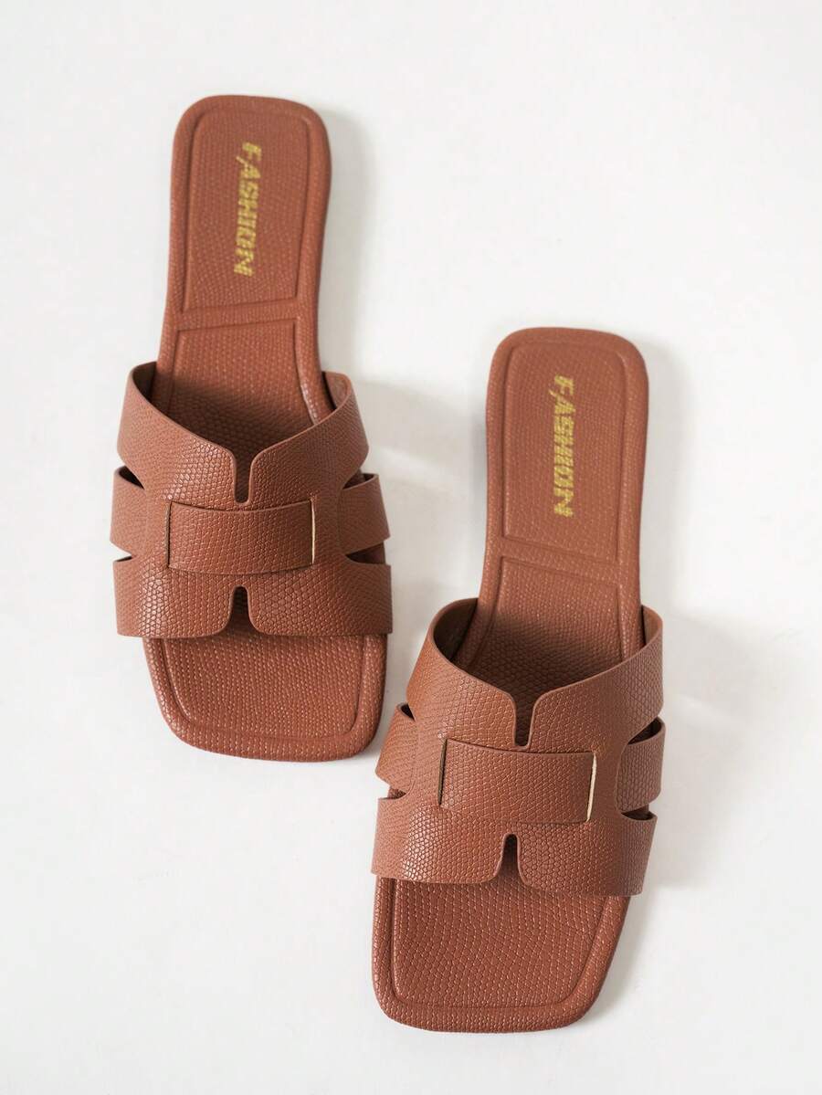 Teenagers' Flat Sandals, Girls' Lightweight Non-Slip Wear-Resistant PU Square Toe Flat Fashion Slippers, European And American Popular Style, Suitable For Vacation And Beach, Spring/Summer