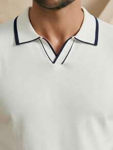 Camiseta de punto de manga corta casual y versátil con ribete de contraste para hombre - Blanco - Ver 4