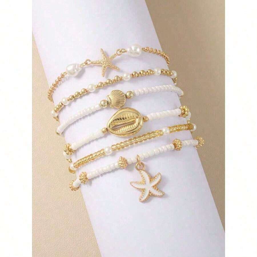 6pcs/Set Summer Beach Multilayer Stacked Pearl Bracelets Fashionable Starfish And Shell Pendant Bracelet Set Sexy Women Beach/Casual Date Jewelry Gift Bead Quantity And Order Random Valentine's Day, - Nhiều màu - Xem 1