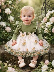 Vestido De Tul Para Bebé Niña De Primavera Otoño Con Manga Larga, Diseño Dulce Y Adorable Con Lazo Y Encaje De Rosas Bordadas - Verde - Ver 1