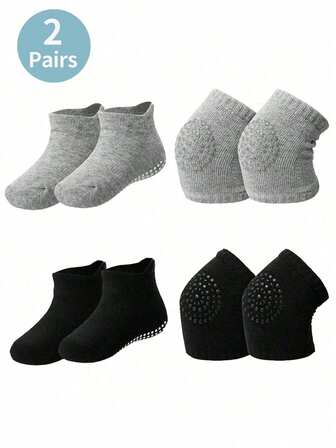 2 Sets Baby Crawling Non-Slip Knee Pads And Non-Slip Baby Socks Set Unisex Baby Knee Protection Non-Slip Socks