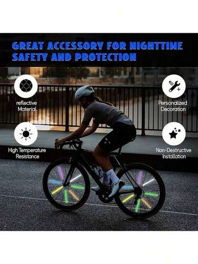 1set These Bike Reflective Spoke Stickers Boost Nighttime Visibility (Reflective Material Catches Light) To Enhance Riding Safety-They're Also A Colorful Decorative Accessory For Wheels. Made Of High-Temperature Resistant Material (Durable For All Weather), They Install Non-Destructively (Peel & Stick) And Fit All Bike Wheel Types