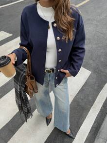 جاكيت كاجوال يومية بياقة مستديرة، أزرق داكن - أزرق بحري - مشاهدة 3