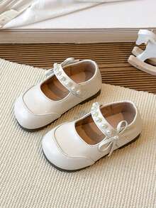 1 Paar beige Kinderflatschuhe, Prinzessinnenschuhe, Softsohlenschuhe mit Schleife für Mädchen, Perlen-Schleife, Klettverschluss und quadratische Zehenform - Beige - Übersicht 3
