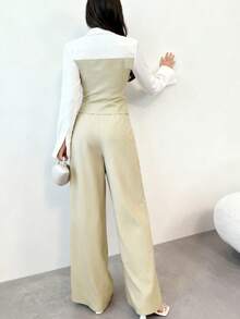 Women's Fashion Collared Shirt And Sleeveless Button Detail Vest With Matching Wide Leg Pants 2 Pieces Set - Apricot - View 4
