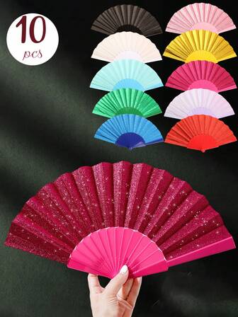 10 Piezas/3 Piezas/1 Pieza Abanico de mano brillante, Abanico de mano plegable grande y brillante, Material impermeable, Adecuado para Tai Chi, reuniones familiares, conciertos, temporada de graduación, temporada de regreso a clases, actuaciones de baile, decoración, decoración de bodas, regalos de cumpleaños, regalos del Día de San Valentín, actuaciones con tema de cumpleaños y regalos de baile festivo, atuendos grupales, estilos de mujer, artículos esenciales para vacaciones