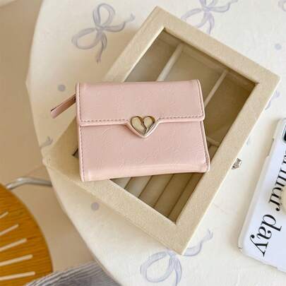 Heart-Shaped Crafted Korean Niche Wallet & Card Holder New Cracked Leather Zipper Large Capacity Women's Tri-Fold Wallet Student For Women Money Wallet Mini Wallet Purse Wallet Small Wallet Cute Wallet