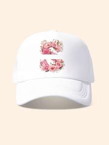 1pc White & Pink Rose Embellished Letter Design Trucker Hat, Customizable 26 Letter Text, Name, Birthday, Fashion Breathable Hollow Sunshade Baseball Cap, Suitable Gift For Friends & Kids, Spring/Summer - White - View 34