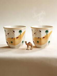 Bộ 1-2 tách cà phê họa tiết lạc đà sa mạc và cây cọ, thích hợp dùng cho espresso, uống cốc hoặc sữa. Quà tặng chủ đề sa mạc cho tháng Ramadan, Quốc khánh Ả Rập Xê Út, họp mặt gia đình, tiệc trà chiều và sử dụng văn phòng. Có dung tích 180ml và 250ml. - Phòng trưng bày sa mạc - Xem 2