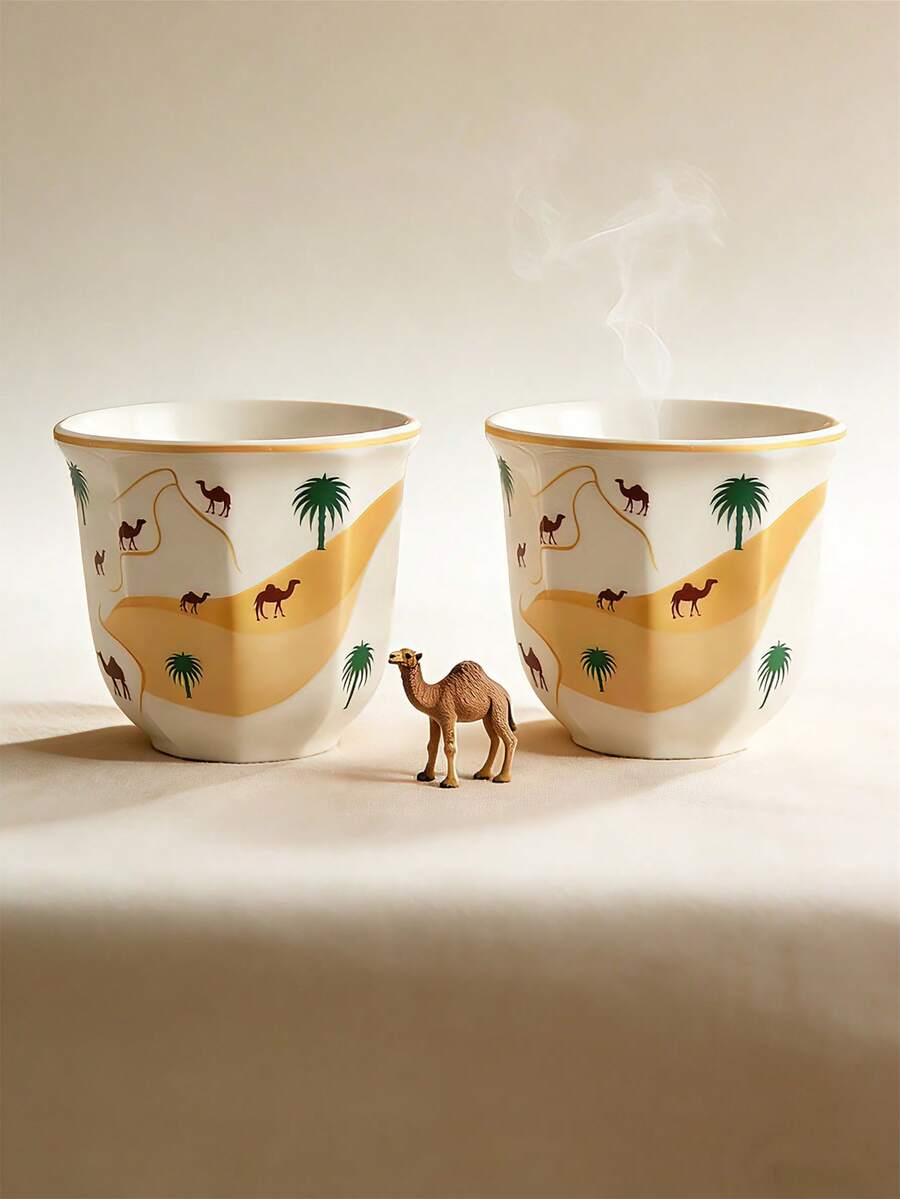 Bộ 1-2 tách cà phê họa tiết lạc đà sa mạc và cây cọ, thích hợp dùng cho espresso, uống cốc hoặc sữa. Quà tặng chủ đề sa mạc cho tháng Ramadan, Quốc khánh Ả Rập Xê Út, họp mặt gia đình, tiệc trà chiều và sử dụng văn phòng. Có dung tích 180ml và 250ml.