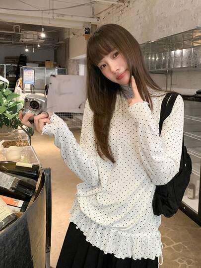 韩版小众时尚设计荷叶边下摆系带长袖叠穿上衣，女款，春季白色