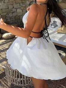 Vaiaye Women's Tie-Front Stripe Ruched Bandeau Top Short Dress,Deep V Halter Backless Camisole Mini Skirt Beach Sexy Cute Elegant Romantic Summer Dress - White - View 5