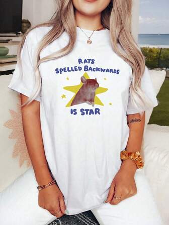 Plus Size Women's Daily "RATS SPELLED BACKWARDS IS STAR" Printed T-Shirt, Featuring The English Phrase, A Red Rat Graphic, And A Yellow Star Background Round Neck Short Sleeves Casual Spring/Summer/Fall Women's Plus-Size Short-Sleeved T-Shirt Going Out Tops Women,Vacation Outfits Women