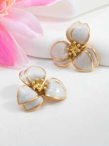 1 Pair Fashionable Niche Design Oil Drop Flower Petal Earrings, Elegant Boho Style, Popular In Europe And America - White - View 2