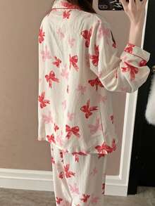 2pcs Floral Print Women Pajama Set, Butterfly Collar Cardigan And Long Pants, Spring/Summer - Pink - View 4