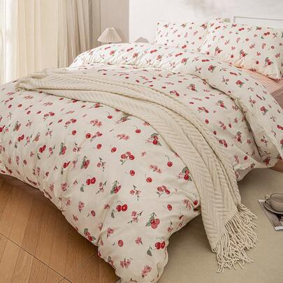 2/3pcs,Red Cherry Printing,Small Broken Flowers Are Fresh And Comfortable,Quilt Cover, Bedding, Boys And Girls,School Student,Dormitory Dress-Up,Soft And Skin-Friendly Quilt Cover, Printed Quilt Cover And Pillowcase, Excluding Quilt Core, Suitable For Double Full-Size Queen Bed, Suitable For All Seasons, Home Decoration, Bedding Gifts, Machine Washable,Twin Queen King