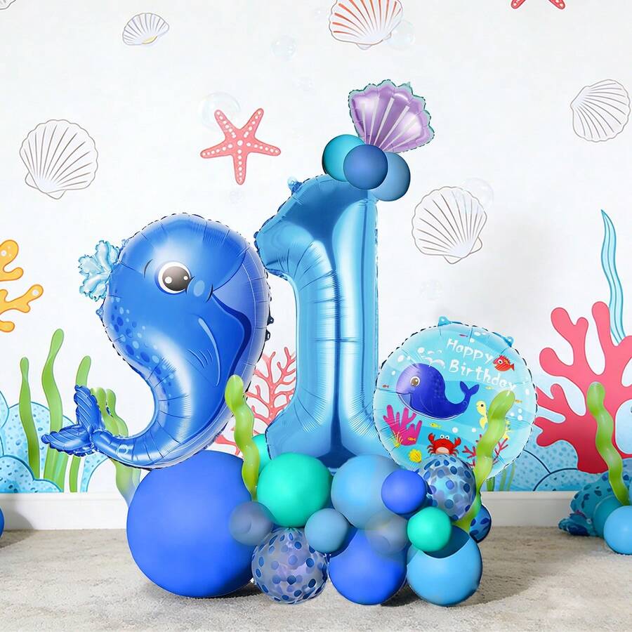 52件海洋蓝鲸生日派对气球套装，包含蓝鲸铝箔气球、浅蓝鲸铝箔气球、乳胶气球、深蓝色生日数字1-9气球，适用于海洋主题派对装饰、生日派对、家庭生日派对、海滩派对、拍照装饰 - 彩色 - 查看 1