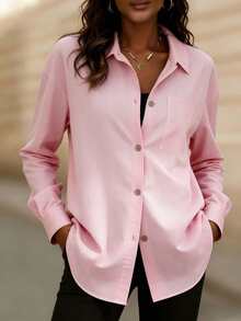 女士时尚简约衬衫，适合春秋穿着，圣诞节亦可作为节日礼物。 - 粉色 - 查看 7