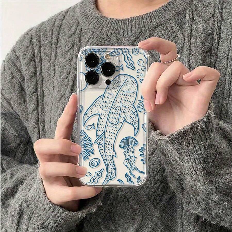 Funda de teléfono a prueba de golpes Funda de teléfono: Funda Transparente - Cubierta de Teléfono de TPU Suave de Lujo a Prueba de Golpes Compatible con iPhone 17, 16, 15, 14, 13, 12, 11 Pro Max, 16, 15, 14 Plus, 13, 12, X, XS Max, XR, 8, 7 Plus Aventura Submarina de Tiburón Ballena Protección contra Caídas - 1 pieza - Ver 1
