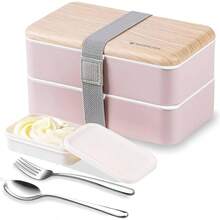 Fiambrera bento box original Lunch Box Lunchbox Caja de Almuerzo contenedor Bundle Divider Estilo japonés a prueba de fugas con acero inoxidable Utensilios cuchara y tenedor Rosado - Rosado - Ver 1