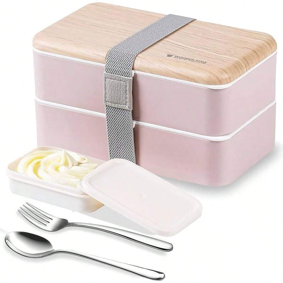 Fiambrera bento box original Lunch Box Lunchbox Caja de Almuerzo contenedor Bundle Divider Estilo japonés a prueba de fugas con acero inoxidable Utensilios cuchara y tenedor Rosado - Rosado - Ver 1