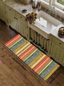 1pc Silica Gel Kitchen Mat, Striped Patchwork Pattern: Multicolored Stripes In Red, Green, Yellow, Blue As The Base, With Small Icons (E.G. Trees, Geometric Patterns) Integrated, Overall Has A Retro Folk Style Patchwork Look With Exotic Or Rustic Vibe, Luxury Fashion Kitchen Carpet, Cushioned Anti-Fatigue