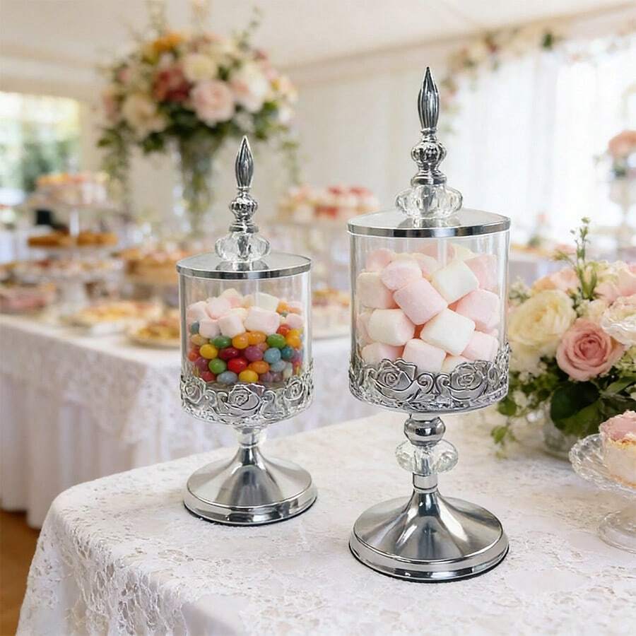 2 Pcs Crystal Glass Storage Tank Display,European Chic Candy JarWith Lid - For Weddings, Graduations, Parties And Special Occasions - Versatile Gift And Snack Container, Cake Shop, Living Room Decor, Coffee Table Accent & Desktop Showcase,Chrismas Room Decor,Christmas Party Supplies, Family Dinner - 銀色 - 查看 1