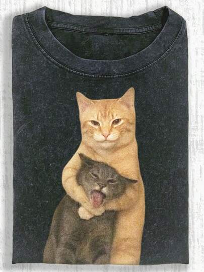 Camiseta lavable con estampado de gato discutiendo| Marca de moda retro batik de alta calidad, ropa de verano para mujer, regalo de vacaciones, regalo perfecto, manga corta, cuello redondo