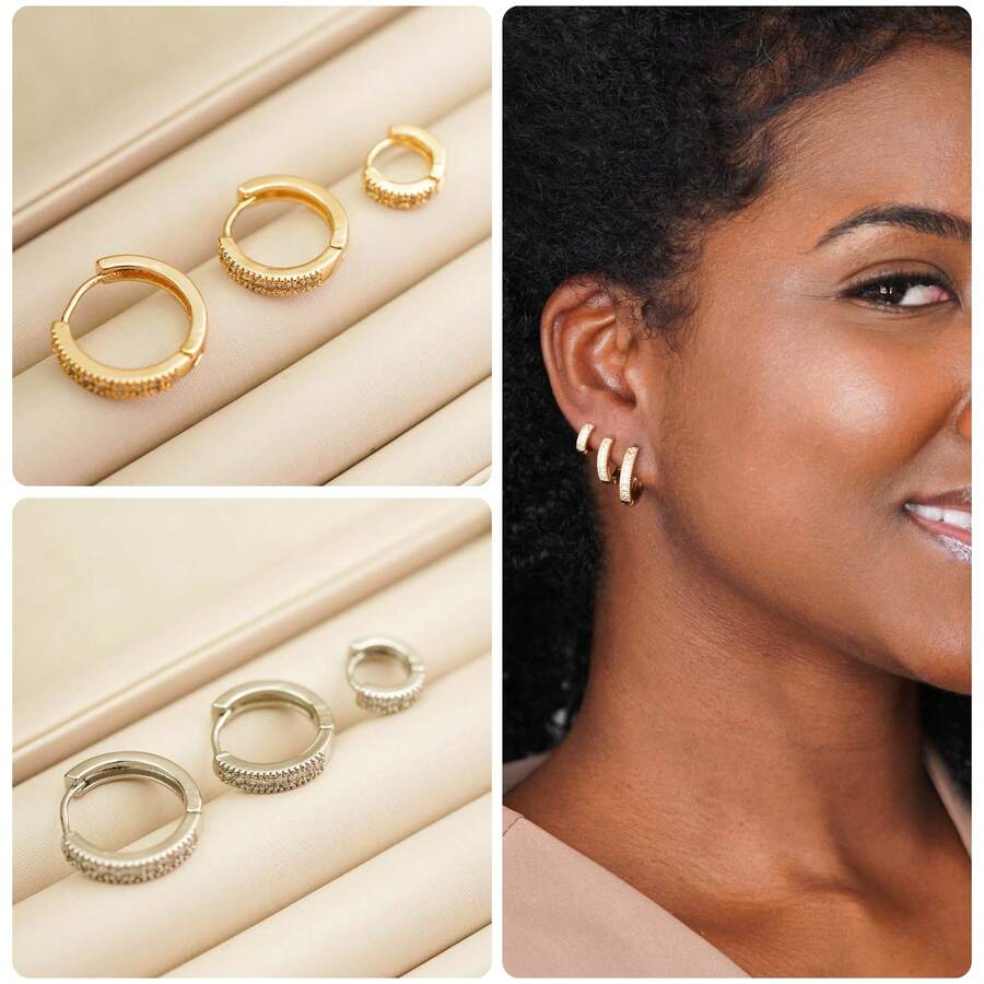 Trio de Brinco Argola Feminino com pedras cravejadas