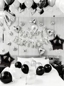 66件套银黑色生日派对气球套装，包含16英寸铝箔字母气球、心形气球、黑/银色乳胶气球，适用于浪漫生日派对装饰、生日派对、派对装饰、拍照道具。 - 彩色 - 查看 5