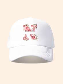 1pc White & Pink Rose Embellished Letter Design Trucker Hat, Customizable 26 Letter Text, Name, Birthday, Fashion Breathable Hollow Sunshade Baseball Cap, Suitable Gift For Friends & Kids, Spring/Summer - White - View 25