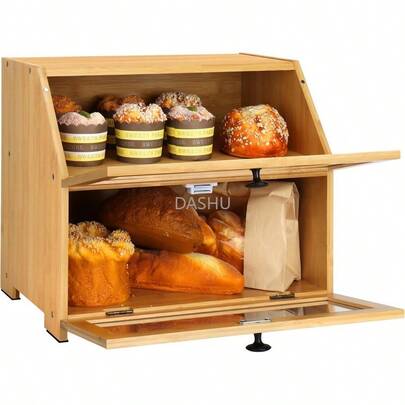 Panera de Doble Capa con Doble Puerta, Panera para Encimera de Cocina, Contenedor de Almacenamiento de Pan con Ventana de Visualización, Panera para Almacenar pan y fruta (Autoensamblado)