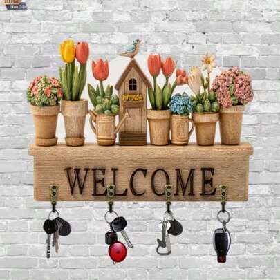 1 pezzo Portachiavi in legno multifunzionale con stampa piatta 2D a forma di casetta per uccelli, con 4 ganci in metallo, adatto per parete, portico, stanza, villa, decorazione per la casa in tutte le stagioni