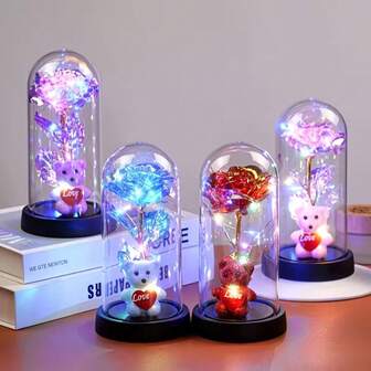 LED Rose Flower Decor Gift Set With Teddy Bear Decoration, Artificial Rose, Suitable For Mother's Day, Wedding, Valentine's Day, Anniversary, Birthday Decoration Gift