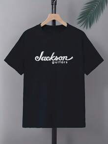 Jackson Guitars Tee Jackson Guitars Graphic Tee Men Casual Crew Neck T-Shirt Knit Fabric Slight Stretch Regular Fit Summer Alphabet Pattern - 黑色 - 查看 2