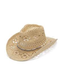 1pc Unisex Gemstone Decor Western Cowboy Hat, Hollow Print Straw Hat, Spring/Summer Travel Sun Beach Hat, Casual Sun Hat (After Receiving The Product, If The Brim Is Deformed, It Needs To Be Manually Adjusted Back)