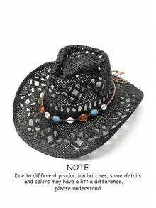 Swim Chiccia 1 件男女通用宝石装饰西部牛仔帽镂空印花草帽春夏旅行阳光沙滩帽休闲遮阳帽（收到产品后，如果帽檐变形，需要手动调整回去） - 西部牛仔禮帽 - 查看 32