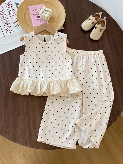2pcs/Set Girls Sweet Lace Patchwork Polka Dot Sleeveless Tank Top & Shorts Set, Minimalist Style, Summer