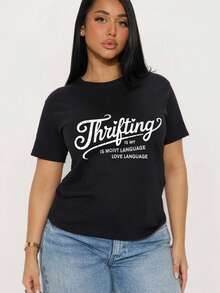 Camiseta de  con Estampado de Eslogan, Cuello Redondo, Manga Corta, Casual, Diario, Streetwear Chic y Moderno - Negro - Ver 1