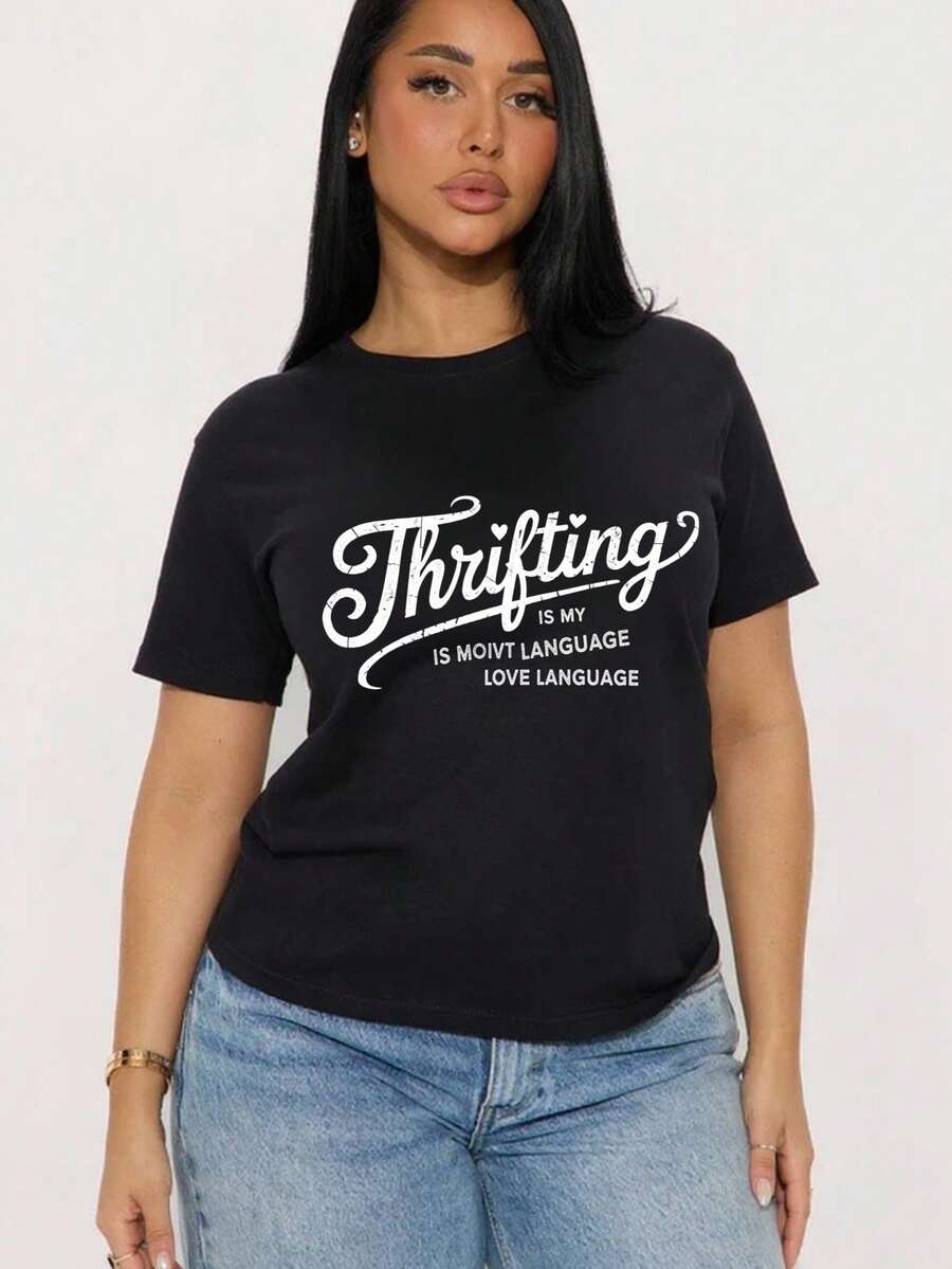 Camiseta de  con Estampado de Eslogan, Cuello Redondo, Manga Corta, Casual, Diario, Streetwear Chic y Moderno - Negro - Ver 1